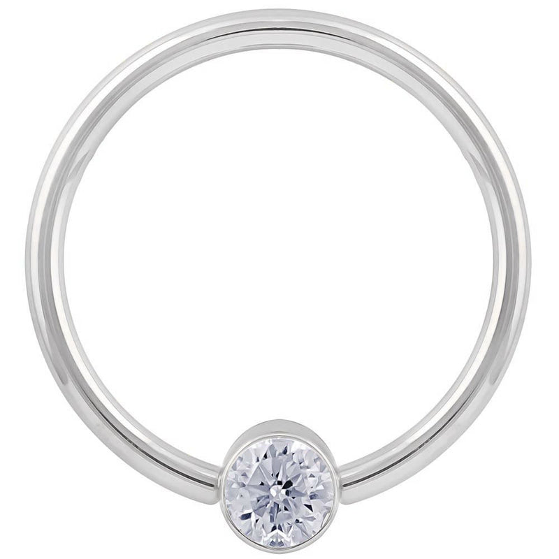 14k white gold CZ round bezel fixed bead ring, angled view highlighting the sleek polished hoop profile
