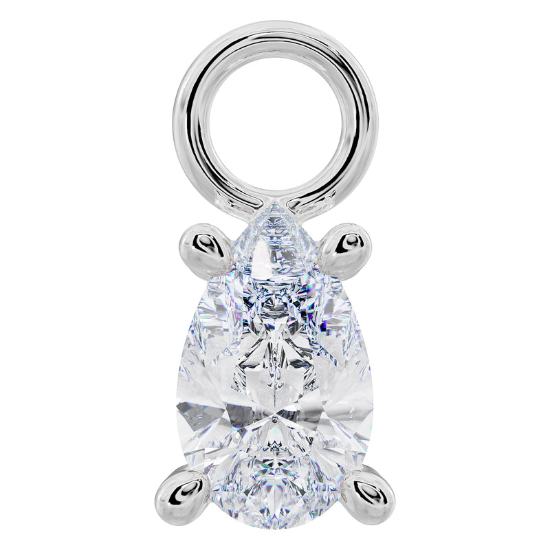 Platinum pear-cut CZ piercing charm with four-prong setting and round connector loop, front view