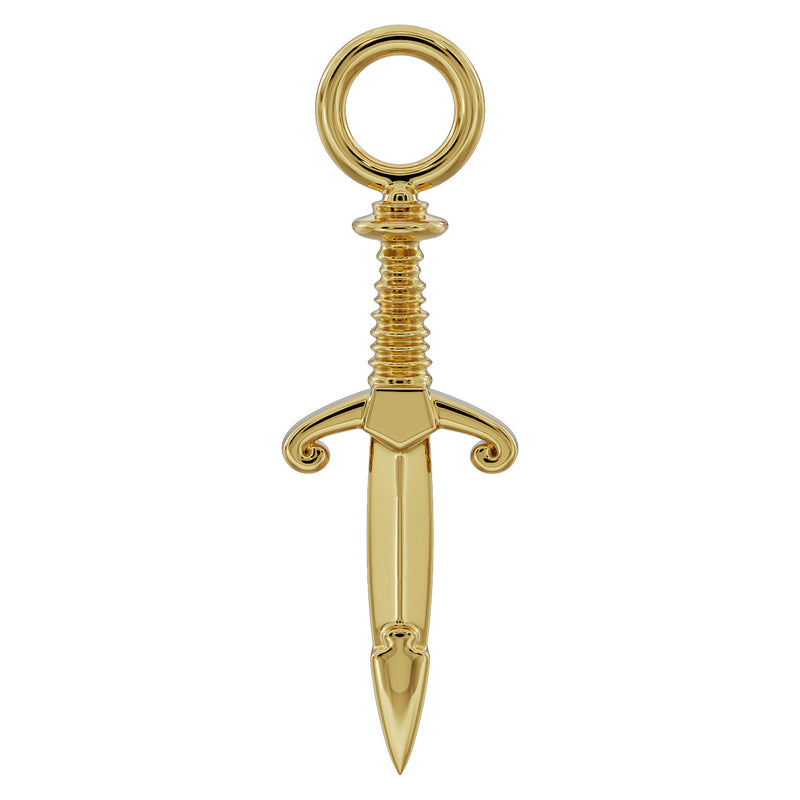 14k yellow gold medieval dagger piercing charm, front view showing ribbed grip and scroll guard