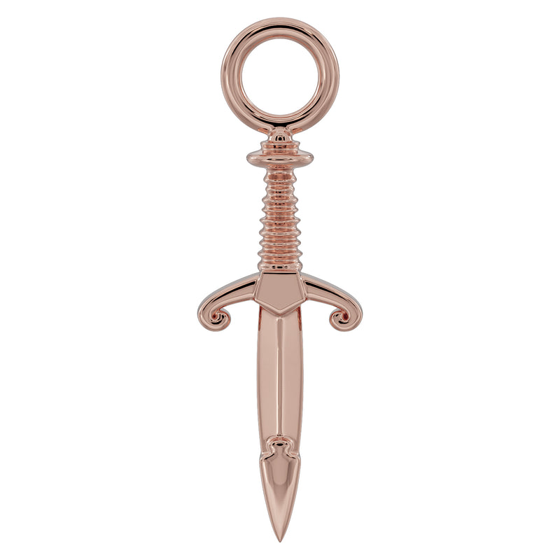 14k rose gold dagger piercing charm, front view highlighting warm tone and ribbed handle detail