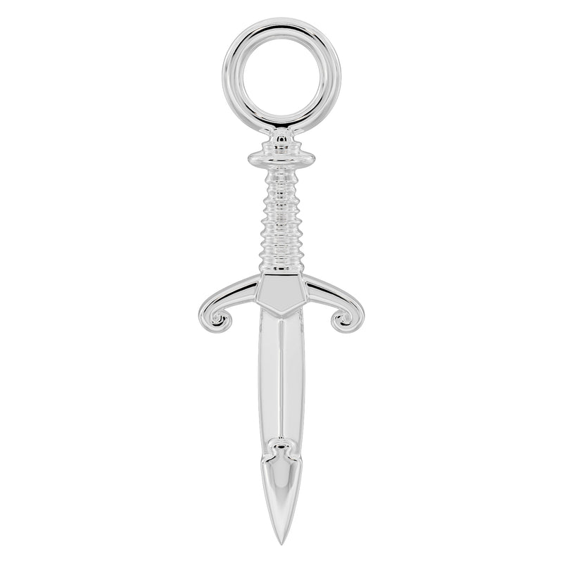 950 platinum medieval dagger piercing charm, front view with polished finish and scroll crossguard