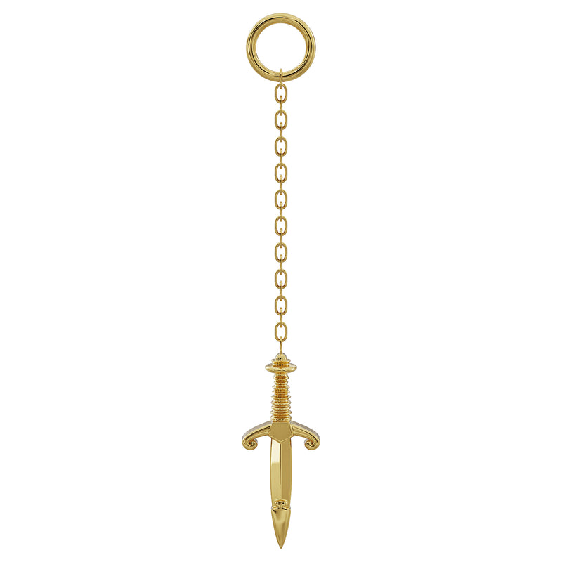 14K yellow gold dagger chain piercing accessory, long 20mm chain with medieval charm, front view
