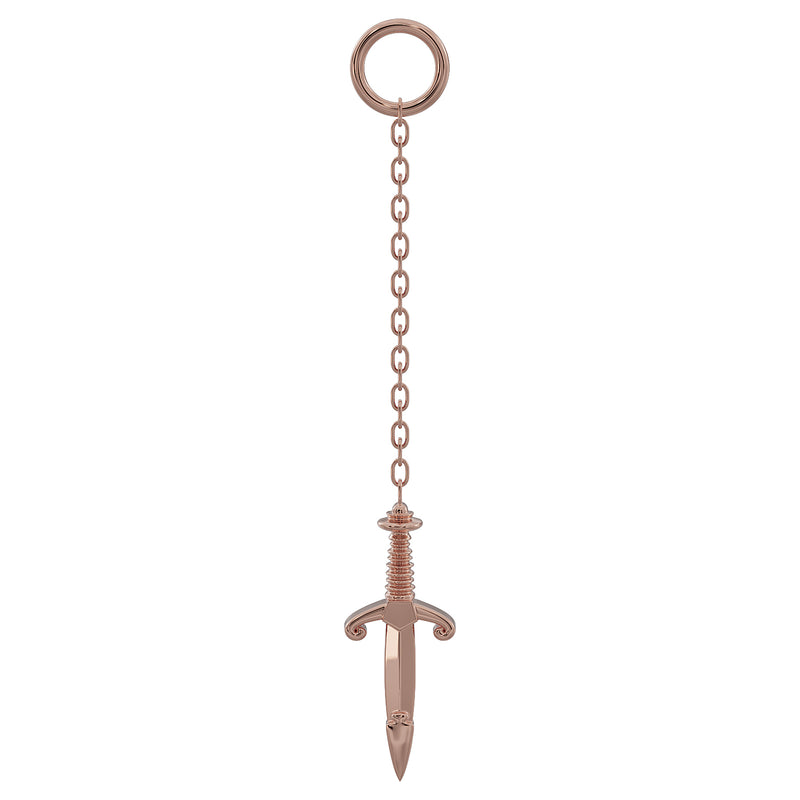 14K rose gold dagger chain piercing accessory with long cable chain and ornate 11mm dagger pendant