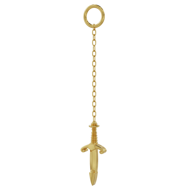14K yellow gold short dagger chain accessory showing proportional difference from long chain option