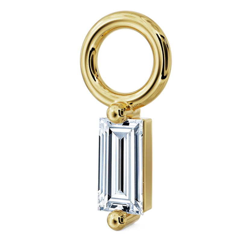 Side profile of 14k yellow gold baguette diamond charm showing stone depth and gold setting