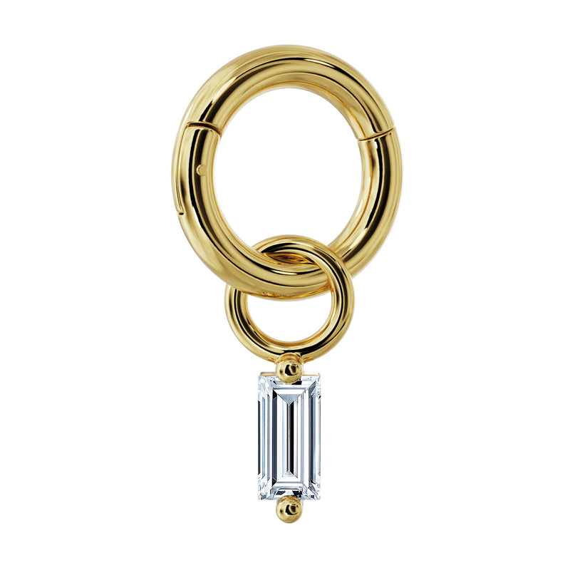14k yellow gold baguette diamond charm attached to clicker ring, showing how charm connects