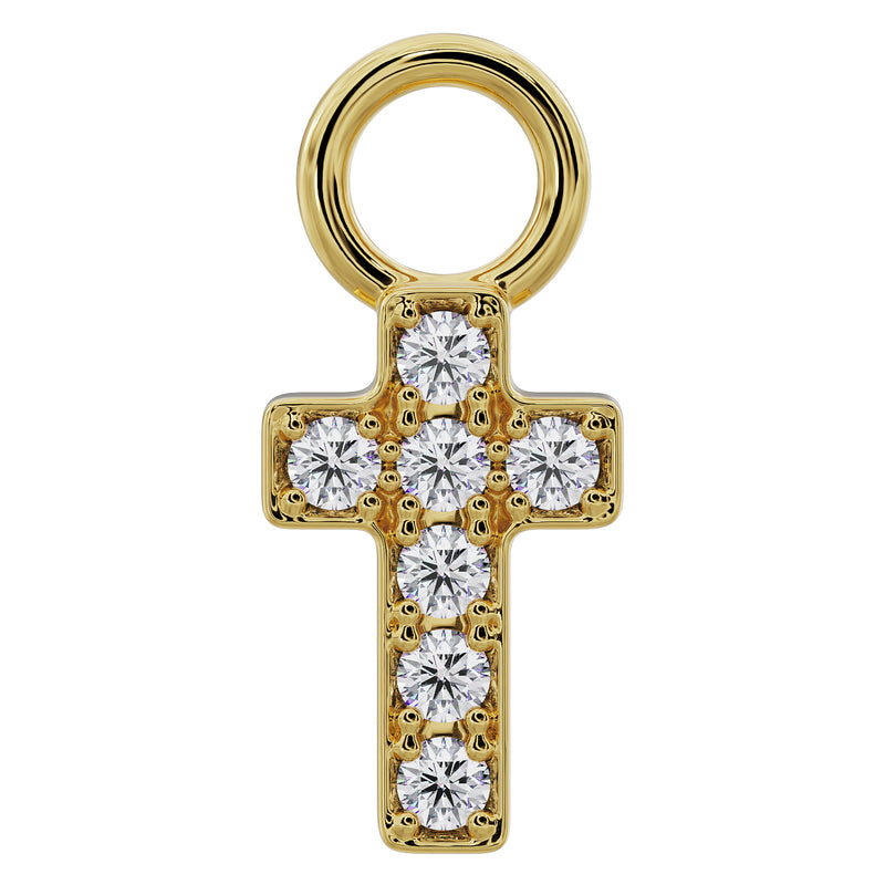14k yellow gold diamond cross piercing charm with seven round diamonds, front view