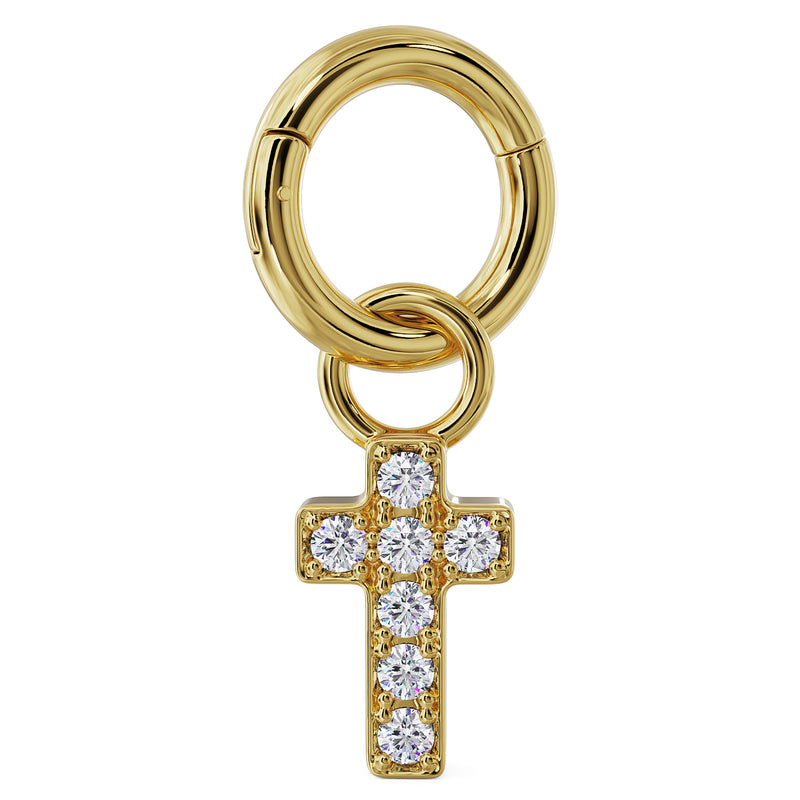 14k yellow gold diamond cross charm attached to a clicker ring, showing how it fits on hoop jewelry