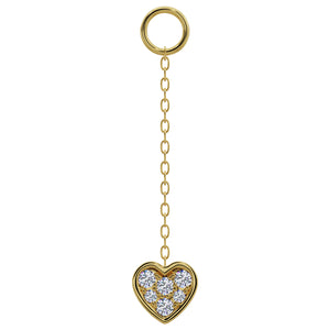 14K yellow gold long chain piercing accessory with pavé diamond heart charm, front view