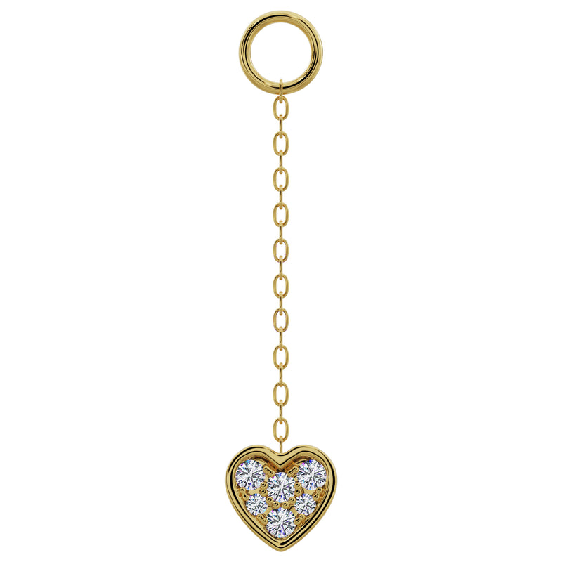 14K yellow gold long chain piercing accessory with pavé diamond heart charm, front view