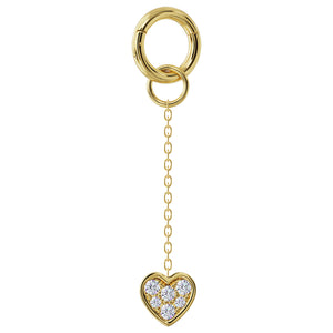 14K yellow gold heart diamond pavé chain accessory showing spring-ring clasp attachment detail