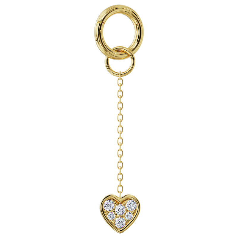 14K yellow gold heart diamond pavé chain accessory showing spring-ring clasp attachment detail