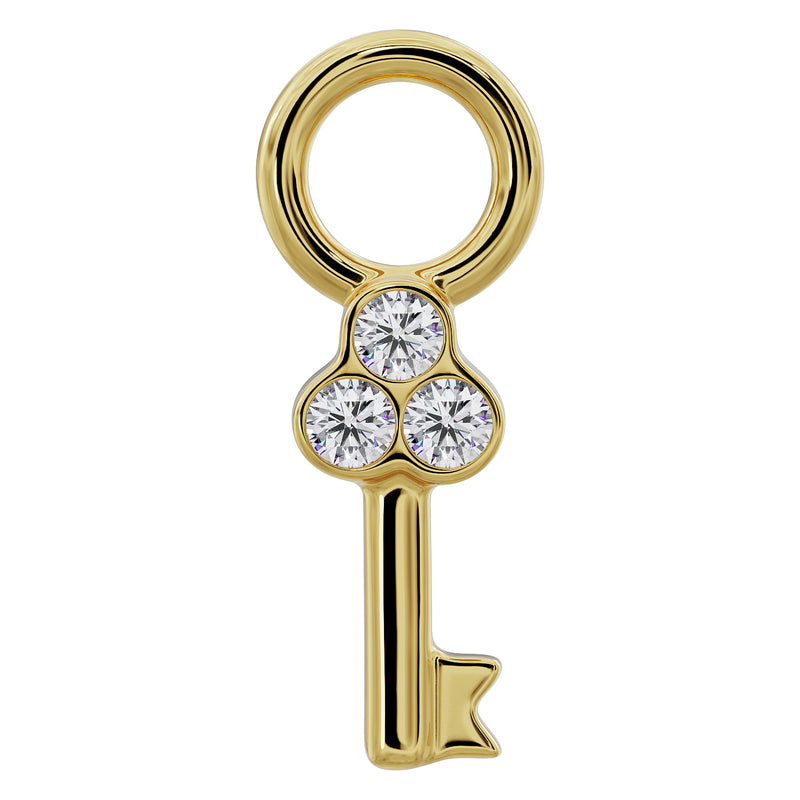 14K yellow gold key piercing charm with three bezel-set round diamonds, front view