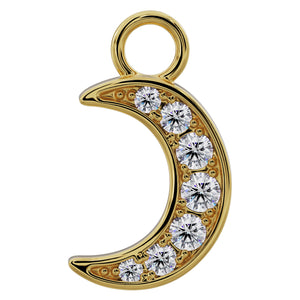 14k yellow gold crescent moon piercing charm with pave diamond front view