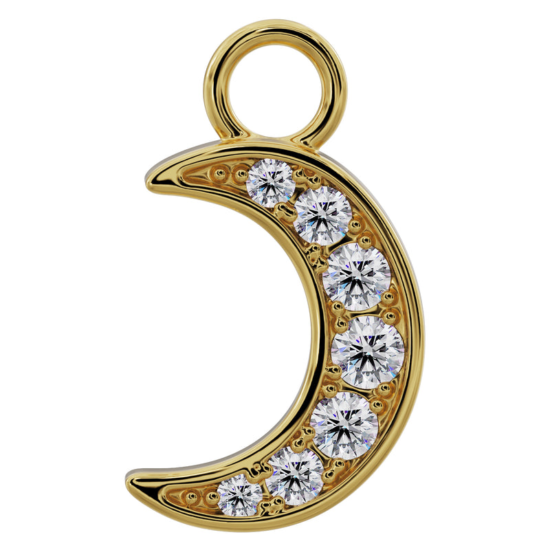 14k yellow gold crescent moon piercing charm with pave diamond front view