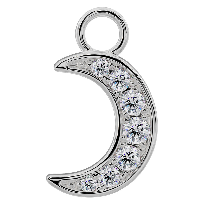 14k white gold crescent moon piercing charm with pave diamond setting, front view