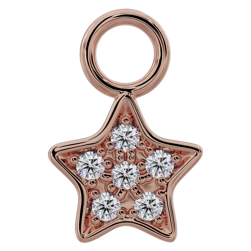 14K rose gold diamond pavé star piercing charm, front view showing warm pink-gold finish