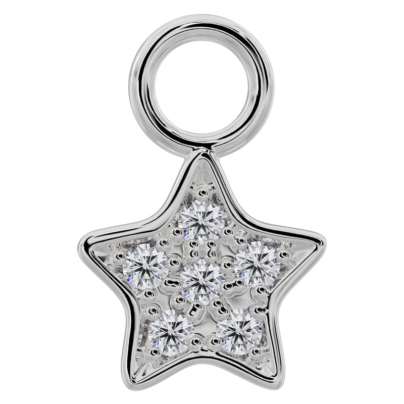 14K white gold diamond pavé star piercing charm, front view with round-cut diamond cluster setting