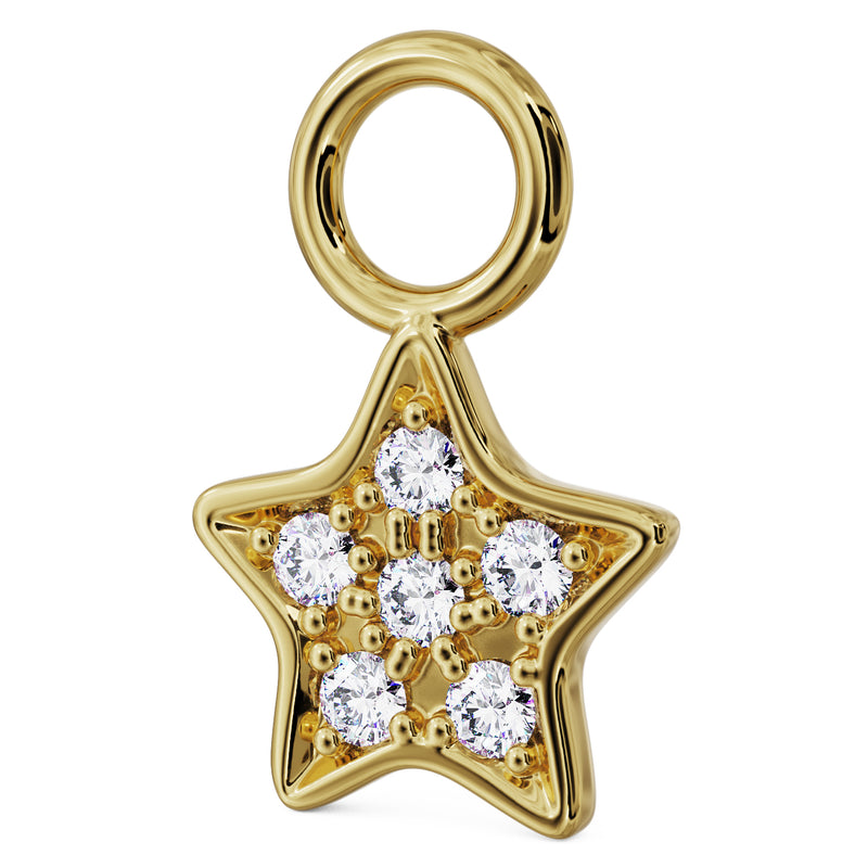 Angled side view of 14K yellow gold diamond pavé star charm showing depth of pavé setting