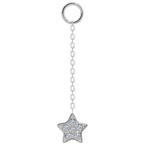 14k white gold long chain piercing accessory with diamond pavé star charm, front view