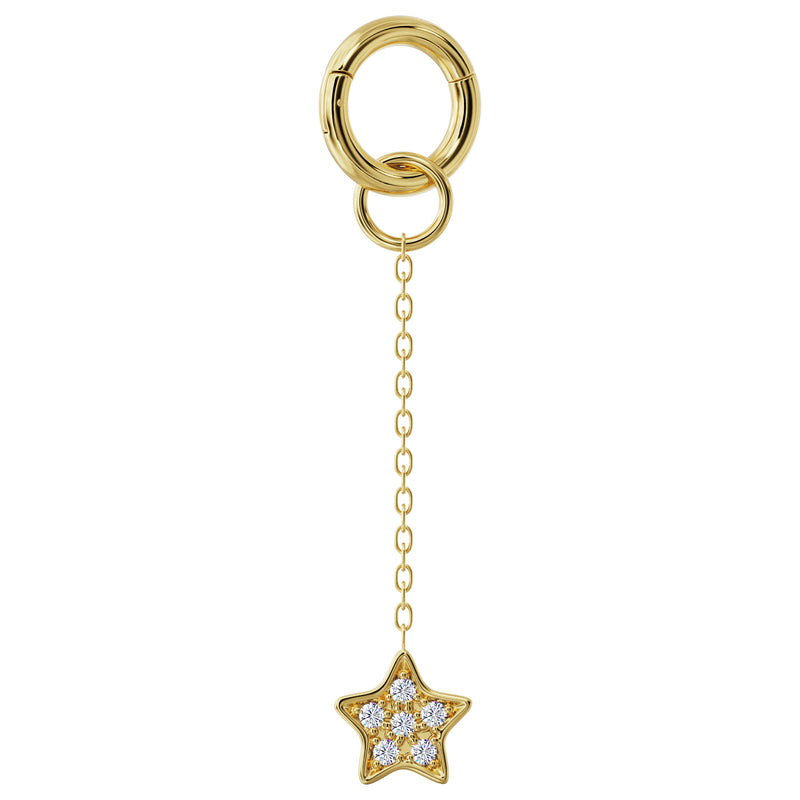 14k yellow gold star diamond chain accessory with clicker hoop attachment shown open for piercing
