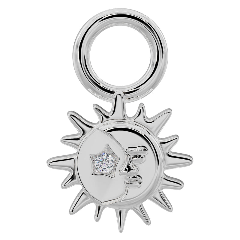 14K white gold sun and moon diamond piercing charm, front view with star-set diamond accent