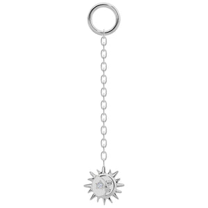 14K white gold sun and moon diamond chain piercing accessory, long length, front view