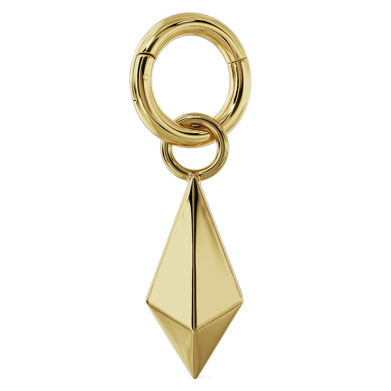 14k yellow gold pyramid charm attached to a clicker ring, showing how it connects