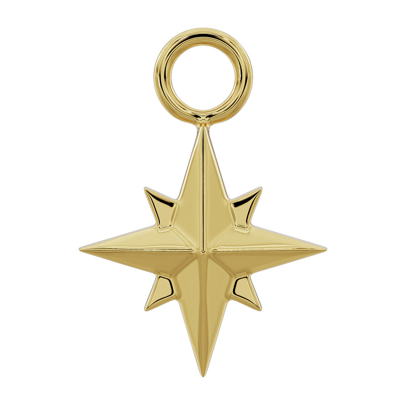 14k yellow gold north star piercing charm with jump ring, front view showing eight-point star shape