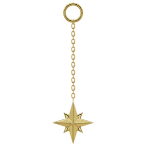 14K yellow gold north star piercing chain accessory, long 20mm chain with clasp ring, front view