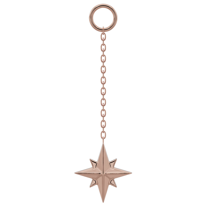 14K rose gold north star piercing chain accessory with long dangle chain and geometric star charm