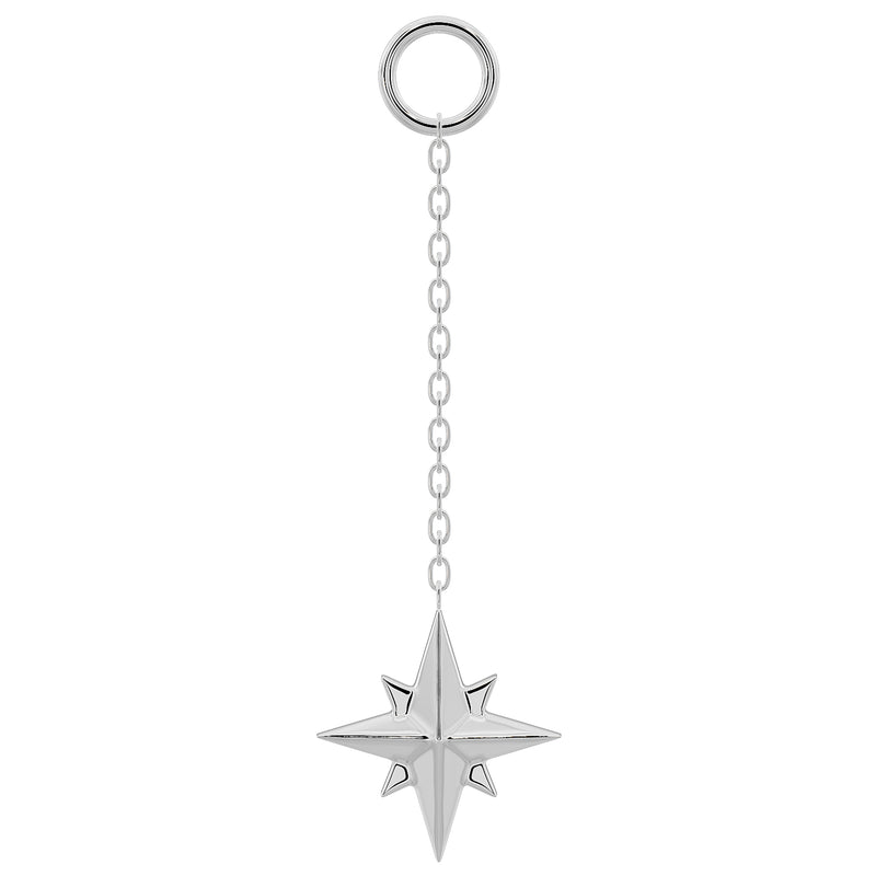 14K white gold north star piercing chain accessory, long chain with polished star charm, front view