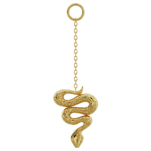 14k yellow gold snake charm accessory, long chain with textured coiled snake pendant, front view