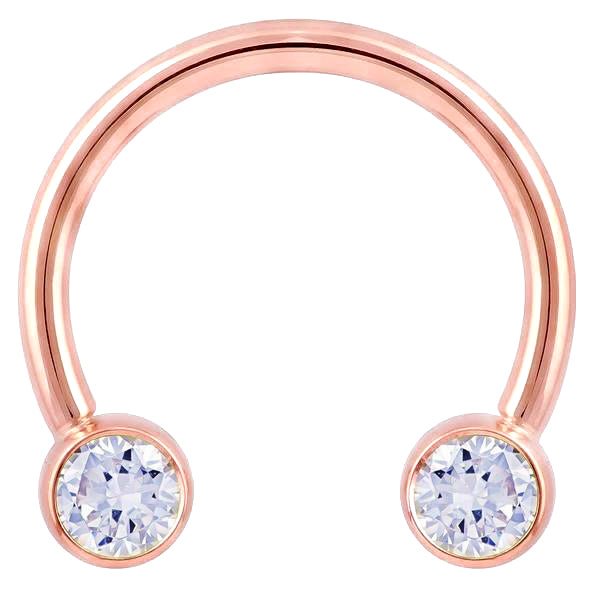 14K rose gold circular barbell with dual bezel-set round diamonds, front view