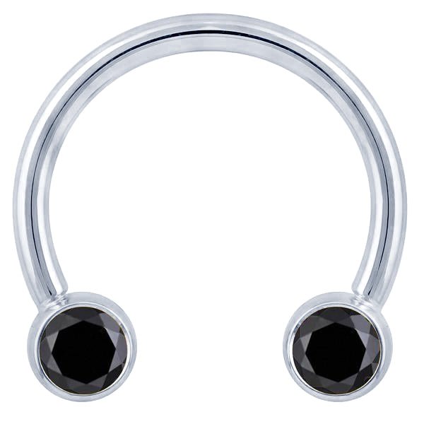 14K white gold circular barbell with dual bezel-set black diamonds, front view