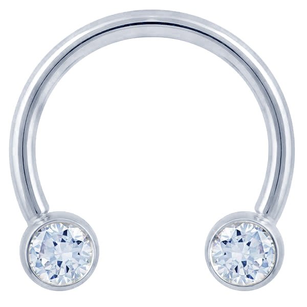 14K white gold circular barbell with dual bezel-set round diamonds, front view