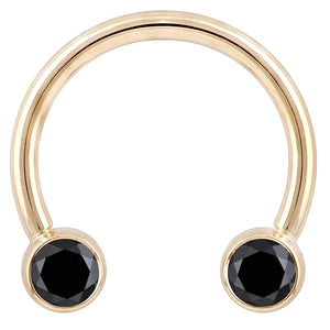 14K yellow gold circular barbell with dual bezel-set black diamonds, front view