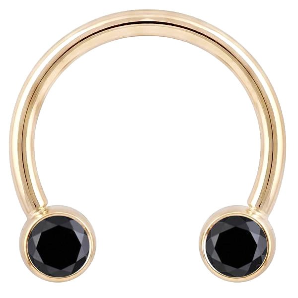 14K yellow gold circular barbell with dual bezel-set black diamonds, front view