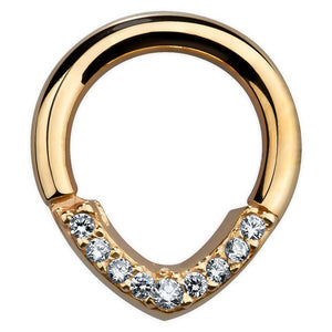 14K yellow gold CZ V-shape hinged segment clicker ring, front view on white background
