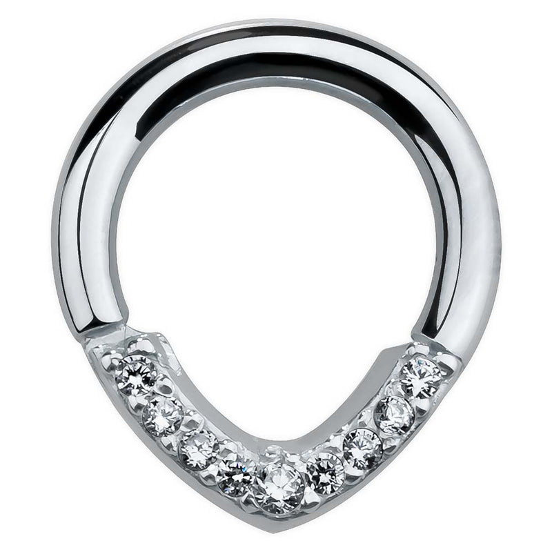 14K white gold CZ V-shape hinged segment clicker ring, front view on white background