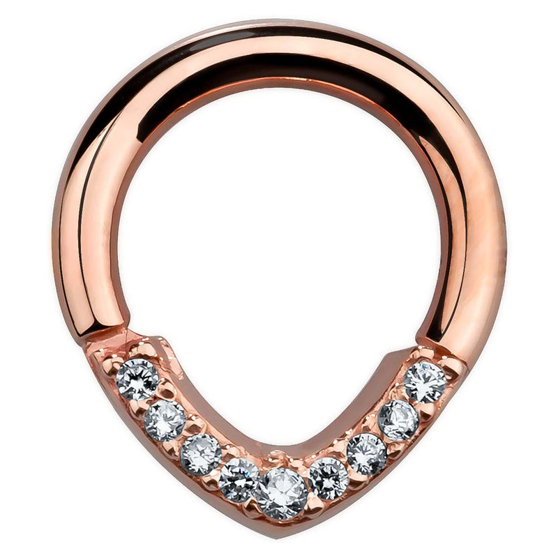 14K rose gold CZ V-shape hinged segment clicker ring, front view on white background