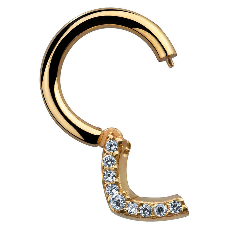 14K yellow gold CZ clicker ring shown open, revealing hinged segment closure mechanism