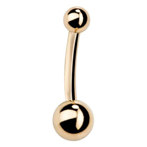 14k yellow gold double ball navel ring with polished 4mm top and 6mm bottom ball, white background
