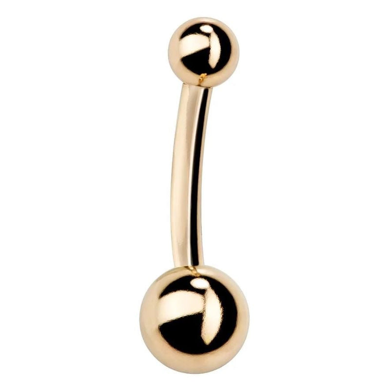 14k yellow gold double ball navel ring with polished 4mm top and 6mm bottom ball, white background