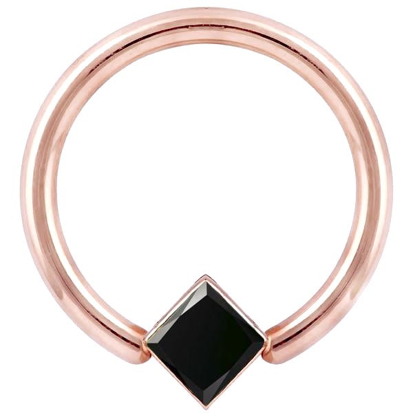 14K rose gold fixed bead ring with bezel-set black diamond princess cut stone, front view