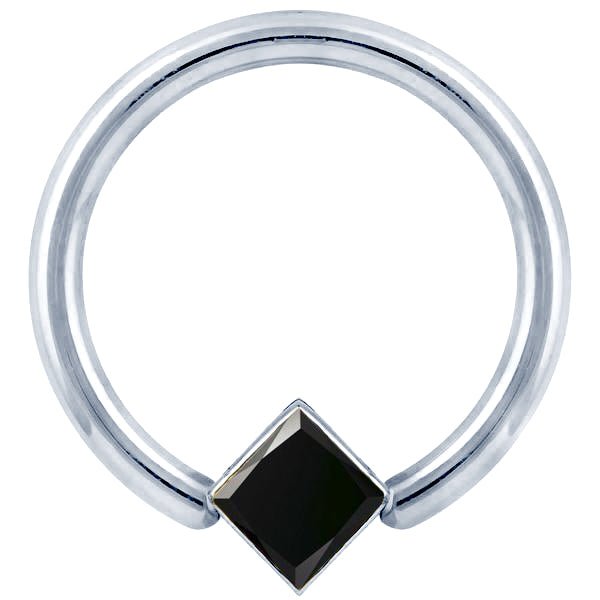 14K white gold fixed bead ring with bezel-set black diamond princess cut stone, front view