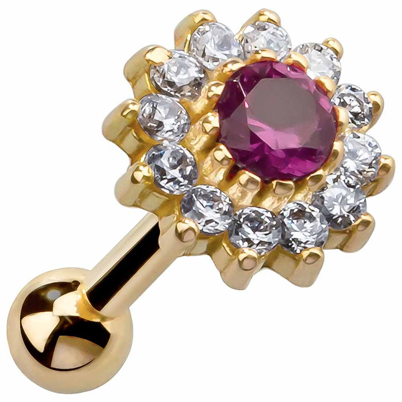 14K yellow gold flower cartilage earring with ruby CZ center and clear CZ halo, angled front view