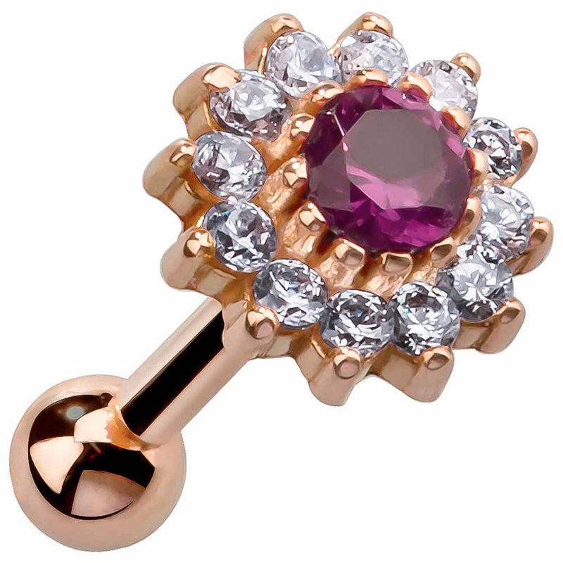 14K rose gold flower cartilage earring with ruby CZ center and clear CZ cluster halo, front view