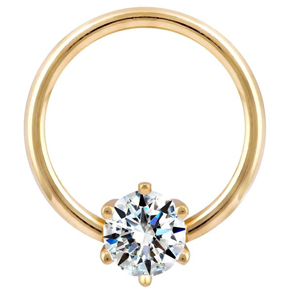 14K yellow gold fixed bead ring with round diamond in six-prong setting, front view