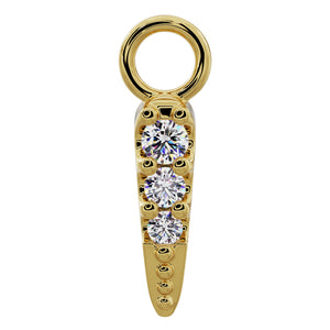 14k yellow gold diamond spike piercing charm with three round diamonds and beaded texture, front view